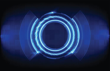 Poster - A blue tech graphic with luminous concentric circles partial wheel outlines and a dark pixelated gradient background