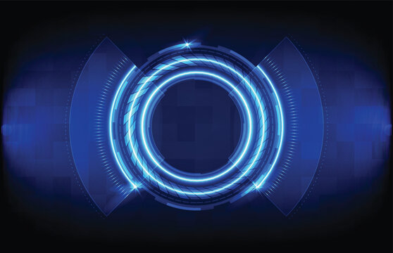A blue tech graphic with luminous concentric circles partial wheel outlines and a dark pixelated gradient background