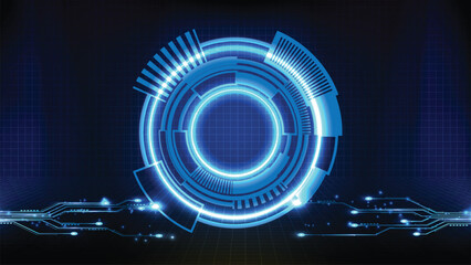 Poster - A glowing blue tech interface featuring a circular HUD overlay digital grid  illuminated circuits