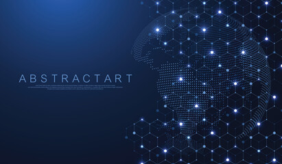 Poster - Abstract globe illustration with a hexagonal network overlay on a dark blue background