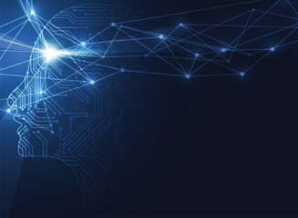 Poster - Blue AI profile with a bright white light at eye level and circuitlike connectors across face on a dark blue background