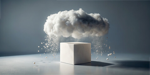 Poster - A white cube is suspended beneath a fluffy cloud, with vapor and small particles cascading down in a minimalist studio environment. Soft lighting highlights the forms