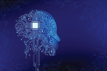 Poster - Circuit board head silhouette glows on a blue background with circuit patterns