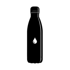 Poster - A black reusable water bottle with a water drop isolated on white background