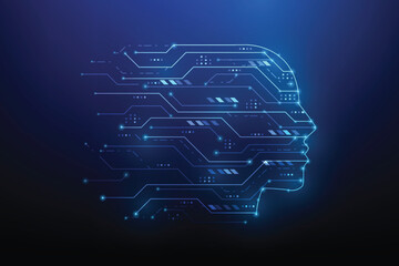 Poster - Digital head outline with circuit pattern against a gradient blue background