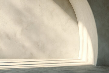 Aufkleber - Minimalist white wall with soft shadows and curved architectural detail, sunlight streaming through, creating calm and serene atmosphere in modern interior space