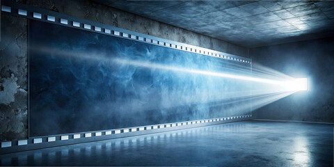 Poster - Beams of light pour into a dimly lit room through a small window, striking a textured wall adorned with a film strip design. The atmosphere feels mysterious and cinematic