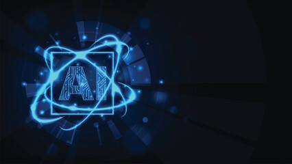 Poster - Glowing blue AI text with circuitlike designs surrounded by blue light trails within a square frame against a dark radial background