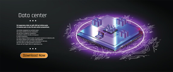 Poster - Isometric data center illustration on black featuring circuits server buildings and a laptop