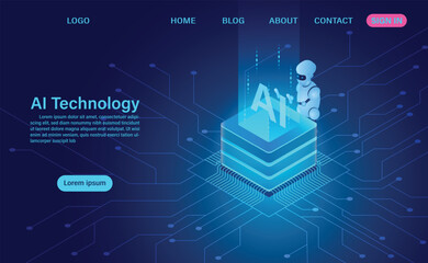 Poster - Isometric AI tech graphic blue circuit board robot near floating data cube