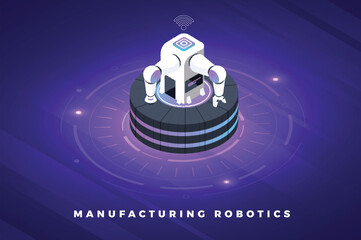 Poster - Isometric robotic cell is centered on a circular platform against a purple background with Manufacturing Robotics below
