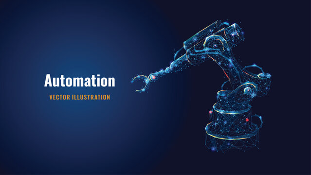 Wireframe robotic arm on blue labeled Automation