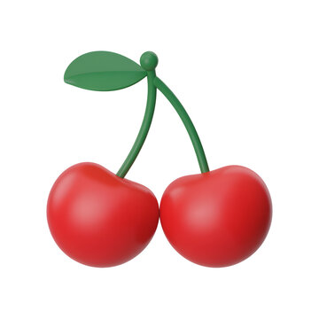 Two ripe red cherries with a green stem and leaf stand out against a stark transparent background, offering vibrant summer fruit appeal