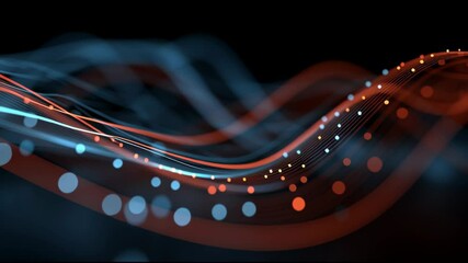 Poster - Luminescent blue and orange particles flowing dynamically across dark surface, creating ethereal abstract motion with soft, elegant movement patterns