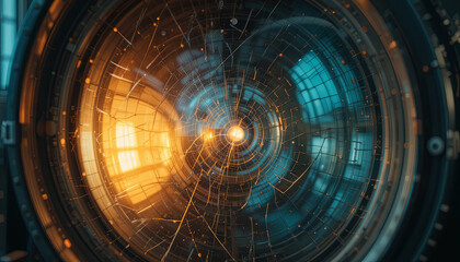 Poster - Complex details of a camera lens highlight an engaging interplay of warm orange and cool blue tones. The lens showcases fine lines and intricate elements that reflect light beautifully