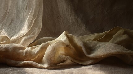 Wall Mural - Closeup, textured cloth draped on table exploring fabric details and surface textures