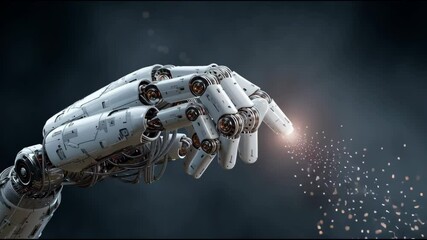 Poster - Mechanical robotic prosthetic grabbing glowing digital data stream, symbolizing advanced ai technology within sleek dark technological environment