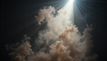 Poster - Wisps of fog swirl in a dark setting as beams of light penetrate the haze, creating a mystical and dreamlike environment perfect for artistic expression