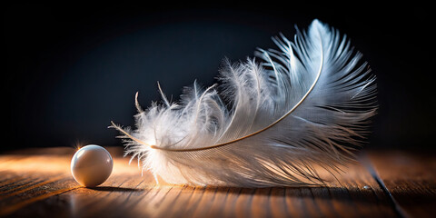 Poster - A delicate white feather rests next to a smooth, round marble on a rustic wooden surface. The soft lighting highlights the textures, creating a calm and peaceful atmosphere