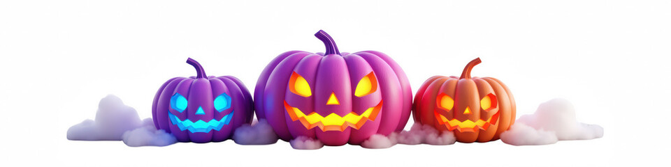 Poster - Colorful Halloween pumpkins with glowing faces, surrounded by misty clouds, create festive atmosphere