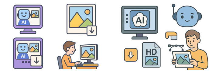 Poster - Uses of AI in generating images and enhancing visual content in a creative workspace setting
