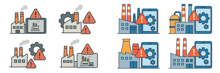 Poster - Factory warning symbols illustrating industrial malfunction in manufacturing settings and the impact on technology in the workplace