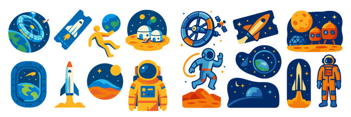 Wall Mural - exploring outer space through colorful illustrations of astronauts, rockets, planets, and alien life