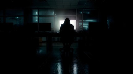 Poster - Lone hacker silhouetted by monitor light in an empty tech lab