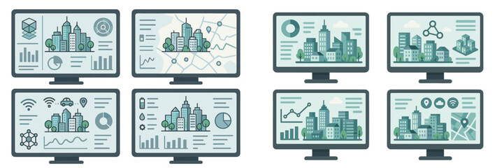 Poster - Visual representation of urban data analysis on multiple digital screens in a modern workspace setting