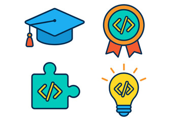 Poster - Creative icons representing education, achievement, and problem-solving in a vibrant design for digital learning