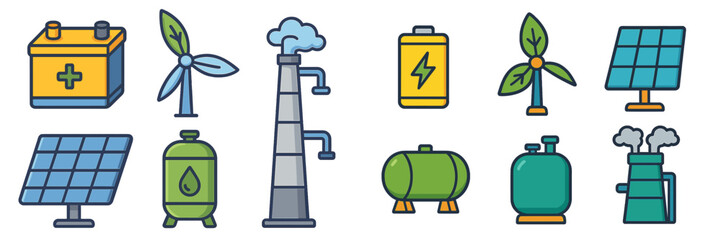 Aufkleber - Energy icons representing renewable and non-renewable sources with various technologies for generating electricity and fuel