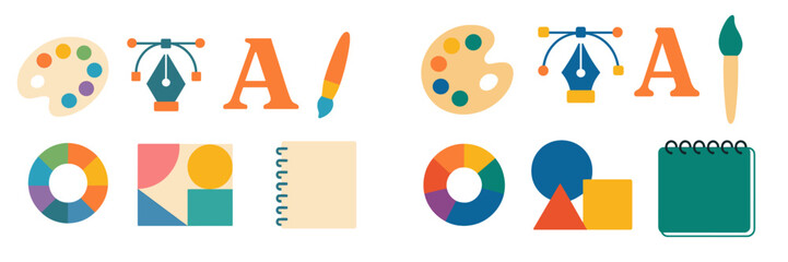 Aufkleber - Creative graphic design elements featuring art tools and shapes in a colorful arrangement suitable for artistic projects