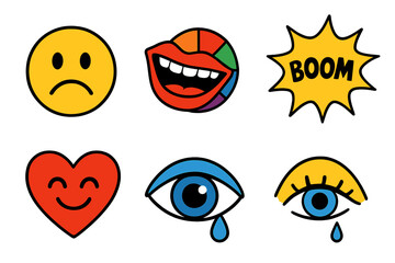 Poster - Emotions depicted through playful icons featuring smiles, sadness, heart, and expressive elements