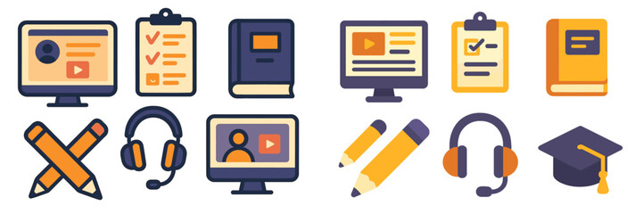 Poster - Colorful educational icons depicting online learning tools and resources for students and teachers showcasing digital engagement