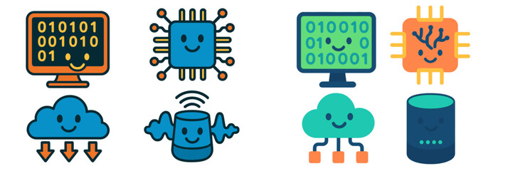 Aufkleber - Fun and colorful digital icons representing technology concepts and devices used in computing and data storage