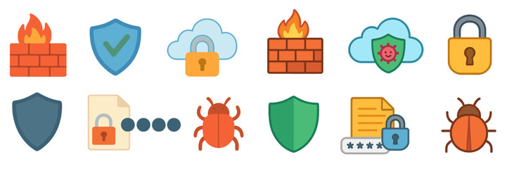 Poster - Set of colorful security icons representing firewall, data protection, and cybersecurity concepts