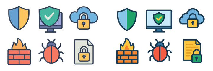 Poster - Various cybersecurity icons illustrating protection, threats, and safe practices in a digital environment
