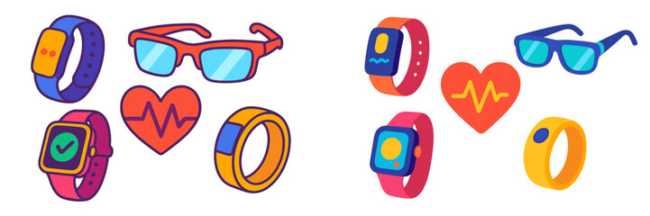 Colorful collection of wearable tech illustrations including smartwatches and fitness trackers on a white background