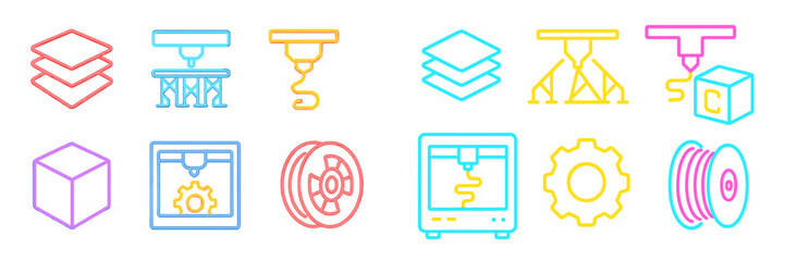 Poster - Colorful icons representing various 3D printing technologies and processes in a modern design setting