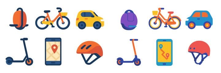 Poster - Various colorful icons depicting transportation modes and accessories in a modern urban setting