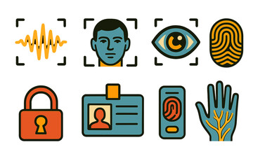 Poster - Biometric security symbols representing facial recognition, fingerprint scanning, and personal identification methods used in modern technology