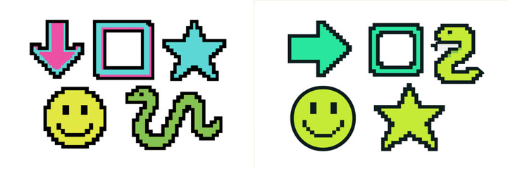 Poster - Colorful pixel art symbols with various shapes and smiley faces on contrasting backgrounds
