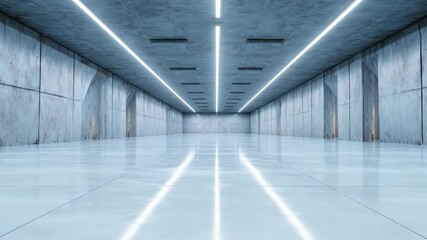 Poster - Symmetrical concrete interior with illuminated lights, showcasing a vast, empty space. Reflections enhance the geometric aesthetic of the structure.