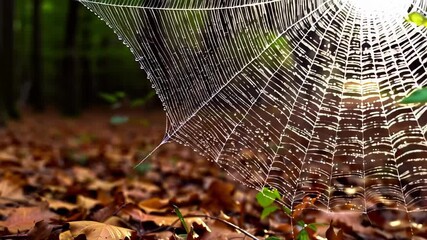 Fragile spider web spanning forest undergrowth, sparkling dewdrops catching warm sunlight, illuminating delicate natural patterns amid verdant woodland shadows