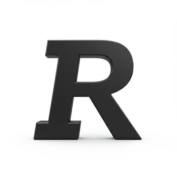 Bold, black 3d letter R in an italic font stands prominently on clean white background. This strong and modern isolated alphabet character casting soft shadow