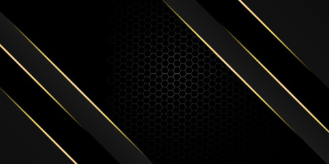 Poster - Abstract dark grey metallic overlap golden line light polygon mesh design. black overlap layers. Texture with golden effect element decoration. Luxury design concept. light effect Vector illustration.
