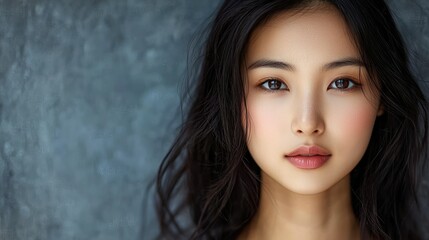 Wall Mural - a young woman with long dark hair, wearing a white top, standing against a gray background with a bl