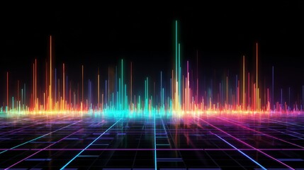 Poster - A futuristic D graph with glowing neon bars and lines, floating above a digital grid background
