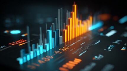Poster - A futuristic financial dashboard displaying a D bar chart with real-time data updates and glowing effects