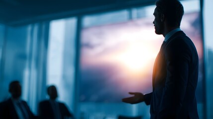 Poster - Businessman presenting ROI forecast to stakeholders in corporate boardroom